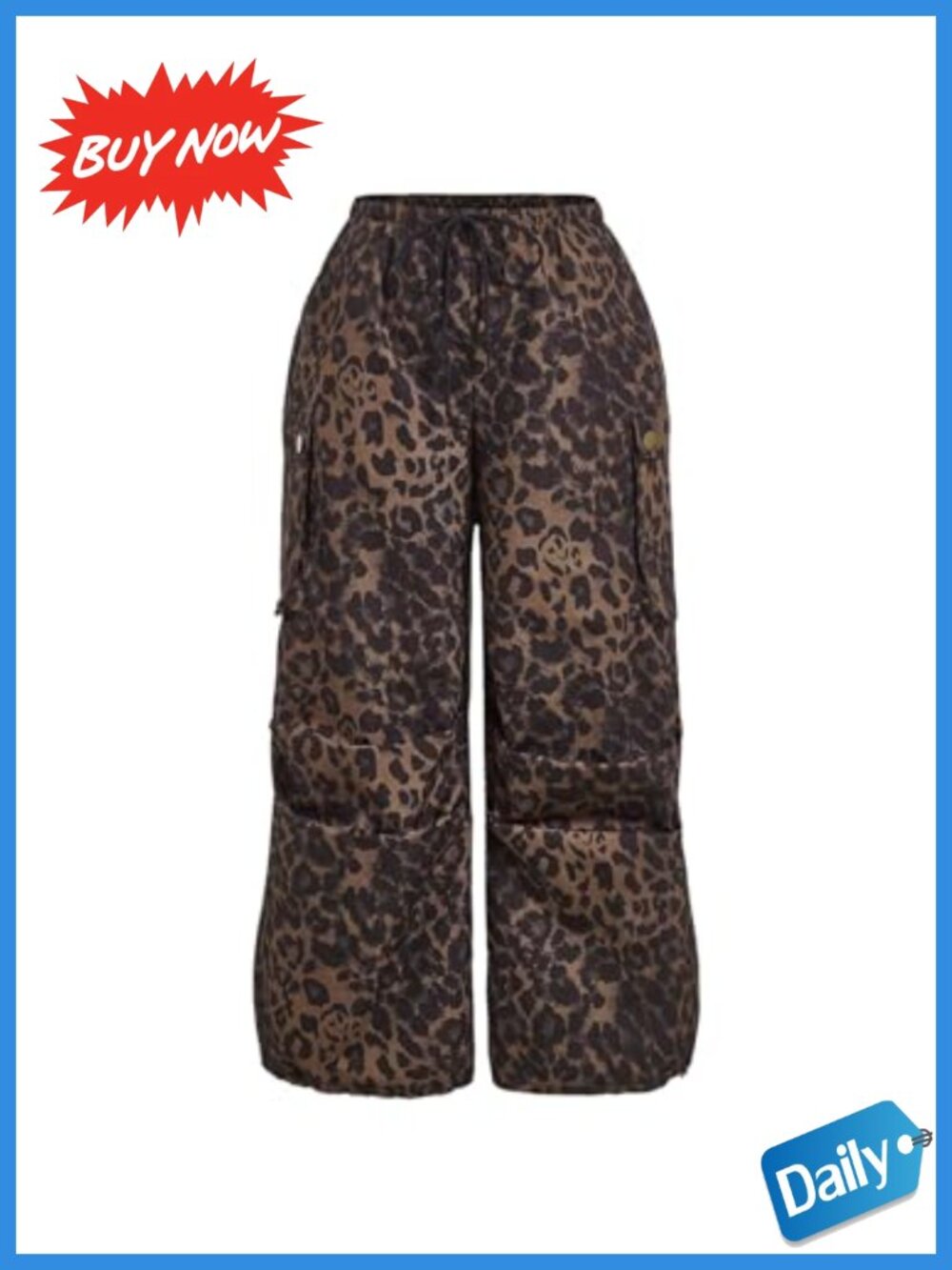 Plus Size Leopard Print Cargo Pants High Waisted Wide Leg Baggy Trousers
